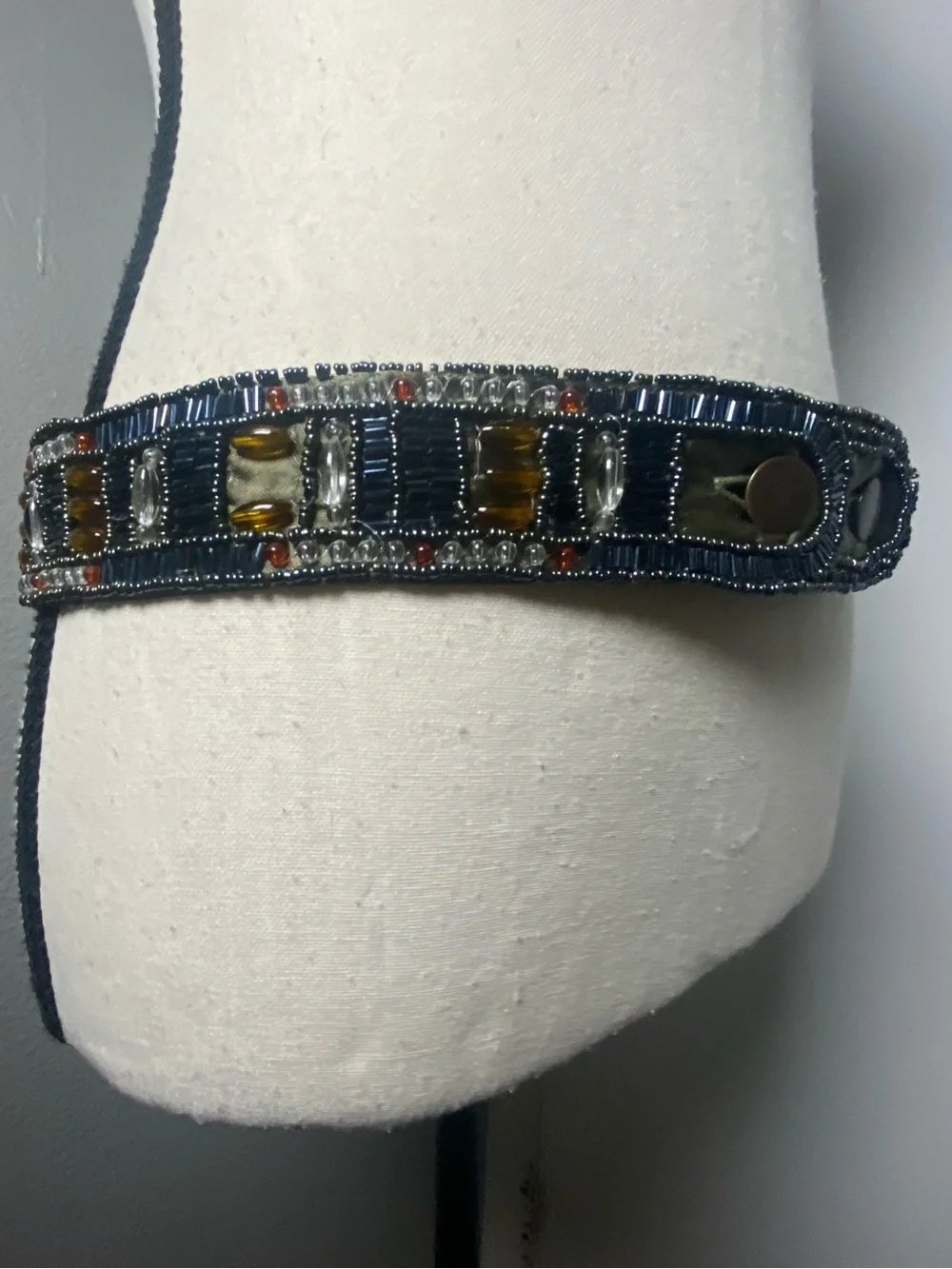 Eclectic Olive Green Satin Multicolor Beaded Belt Size Mediun